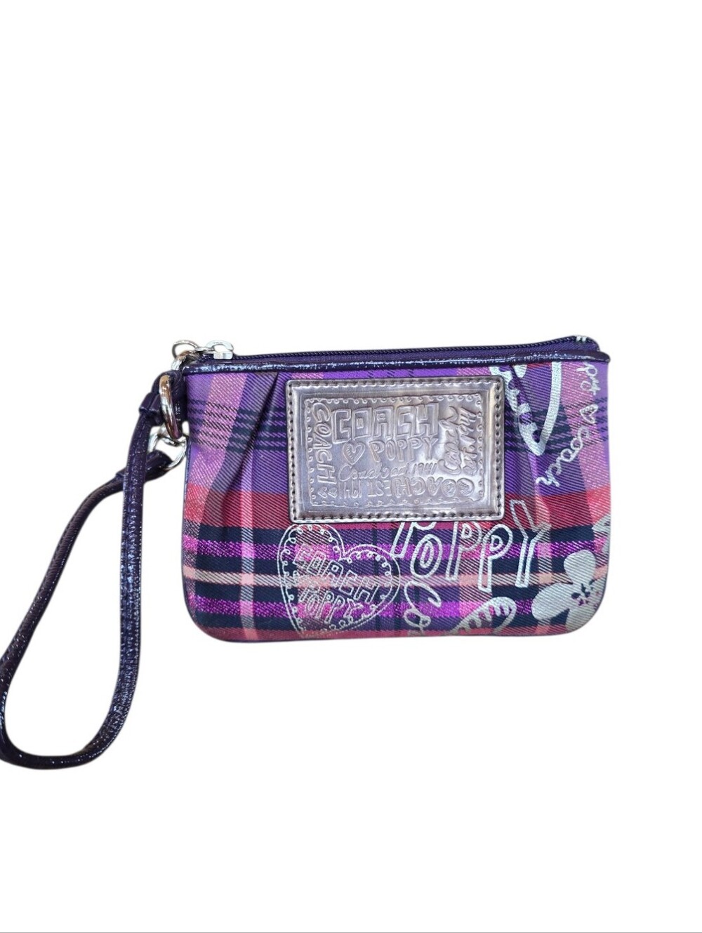 Coach Poppy Tartan Glam Purple Magenta  Black Tote Wristlet 2 Piece Set - Picture 11 of 16